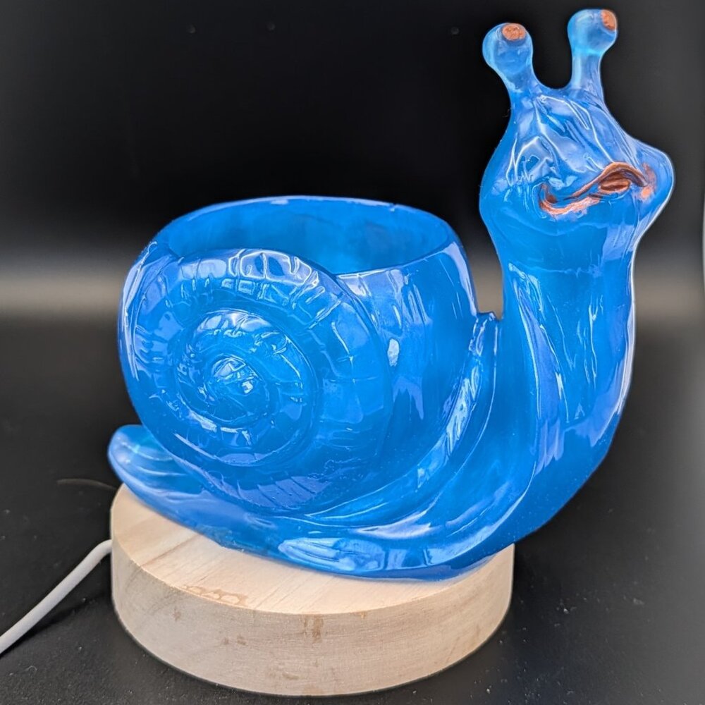Epoxy Resin Blue Snail  Nightlight, Planter, Ring Holder...w/Lighted Wooden Base